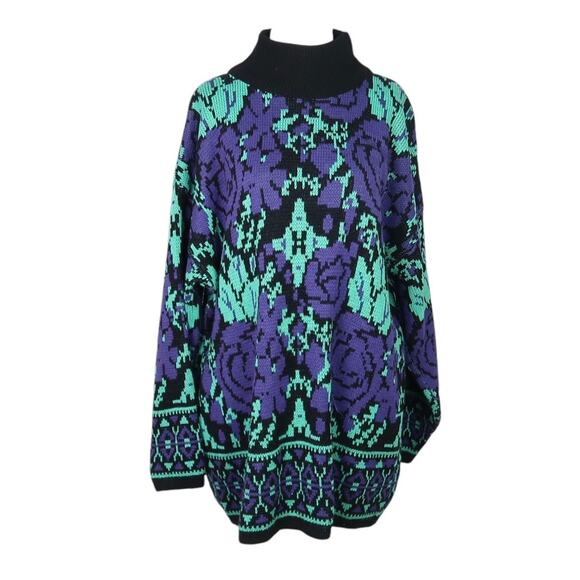 Vintage 80s Michael Carrie black purple green floral tunic sweater L - Picture 1 of 5